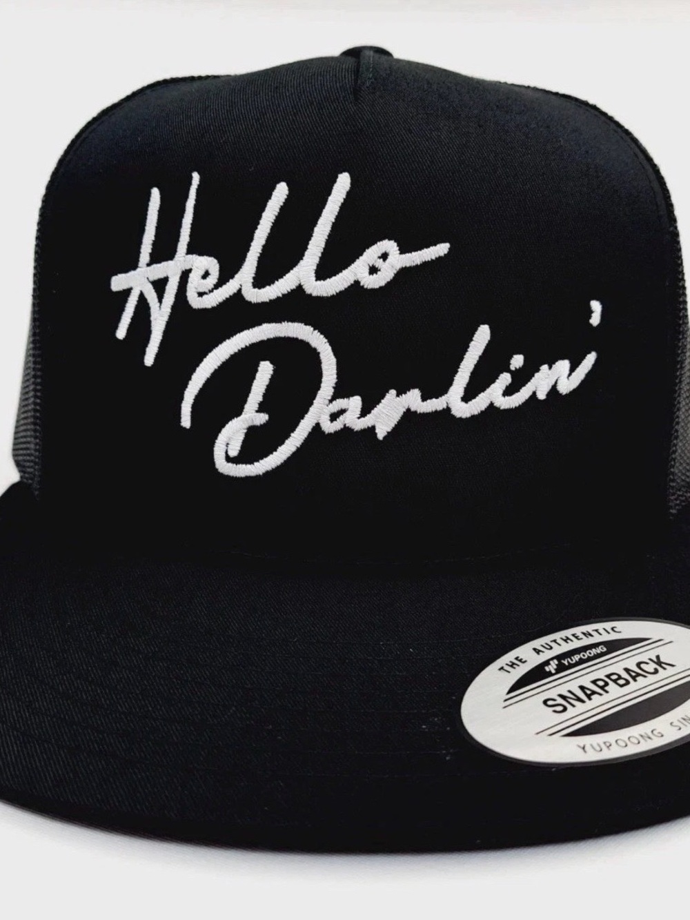 Hello Darlin’ Black Hat Cap Embroidered Flat Bill Mesh SnapBack Direct Embroider